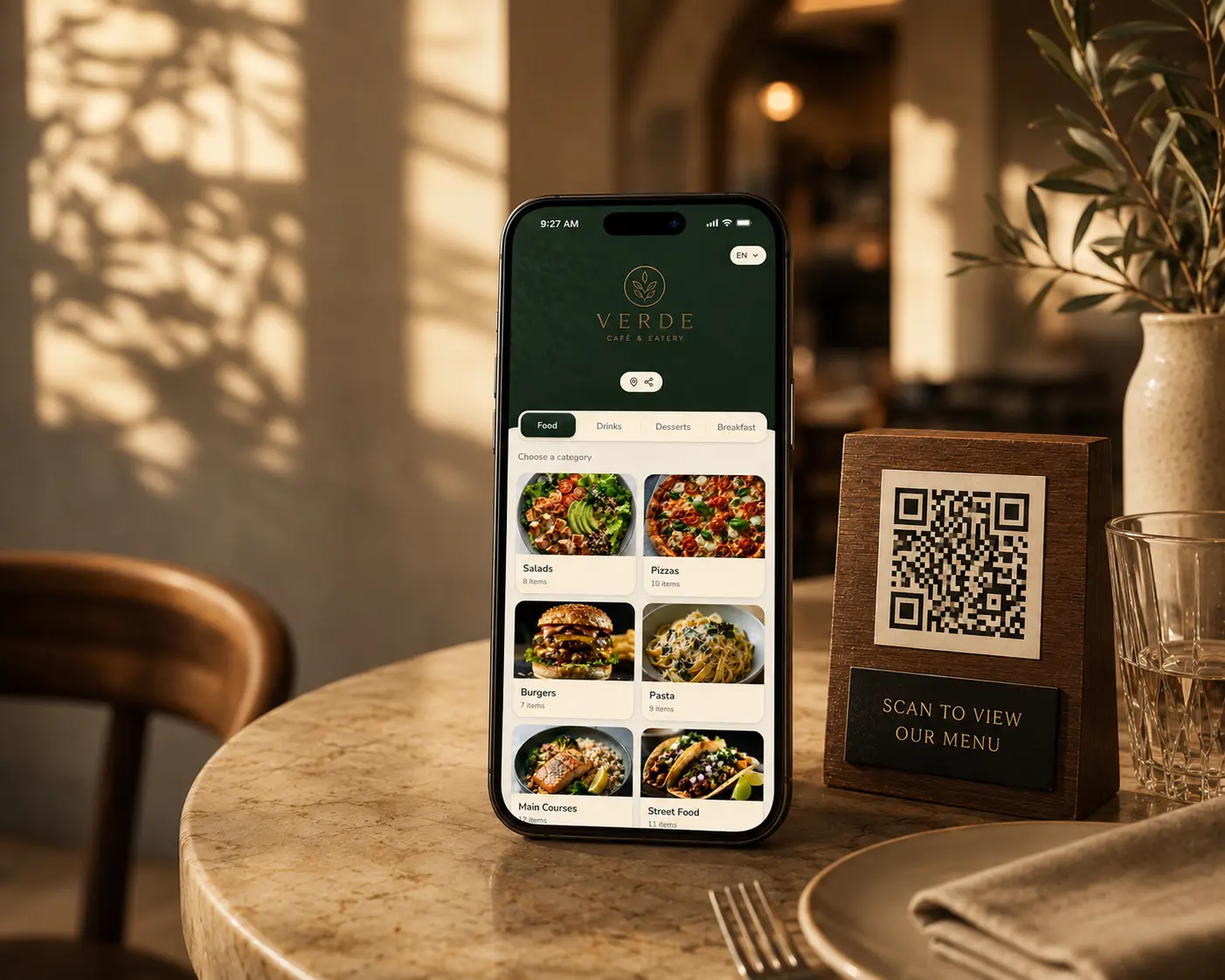 A BreezyMenu digital menu open on a phone beside a wooden QR stand on a warmly lit restaurant table