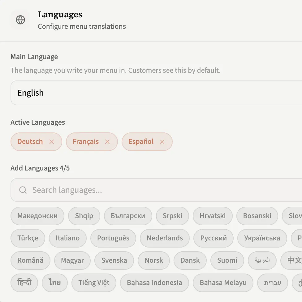 BreezyMenu editor showing the same dish translated across five languages