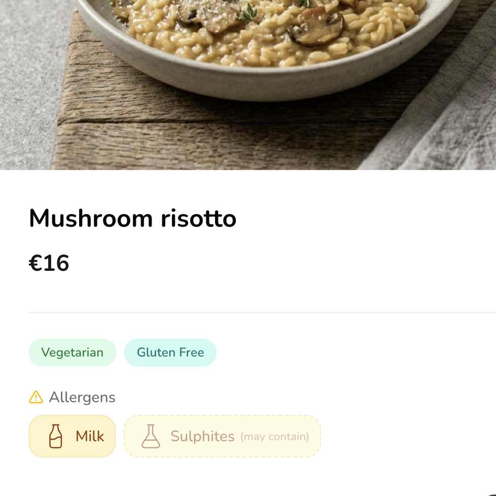 A dish card showing dietary tags plus EU-14 allergen severity marks